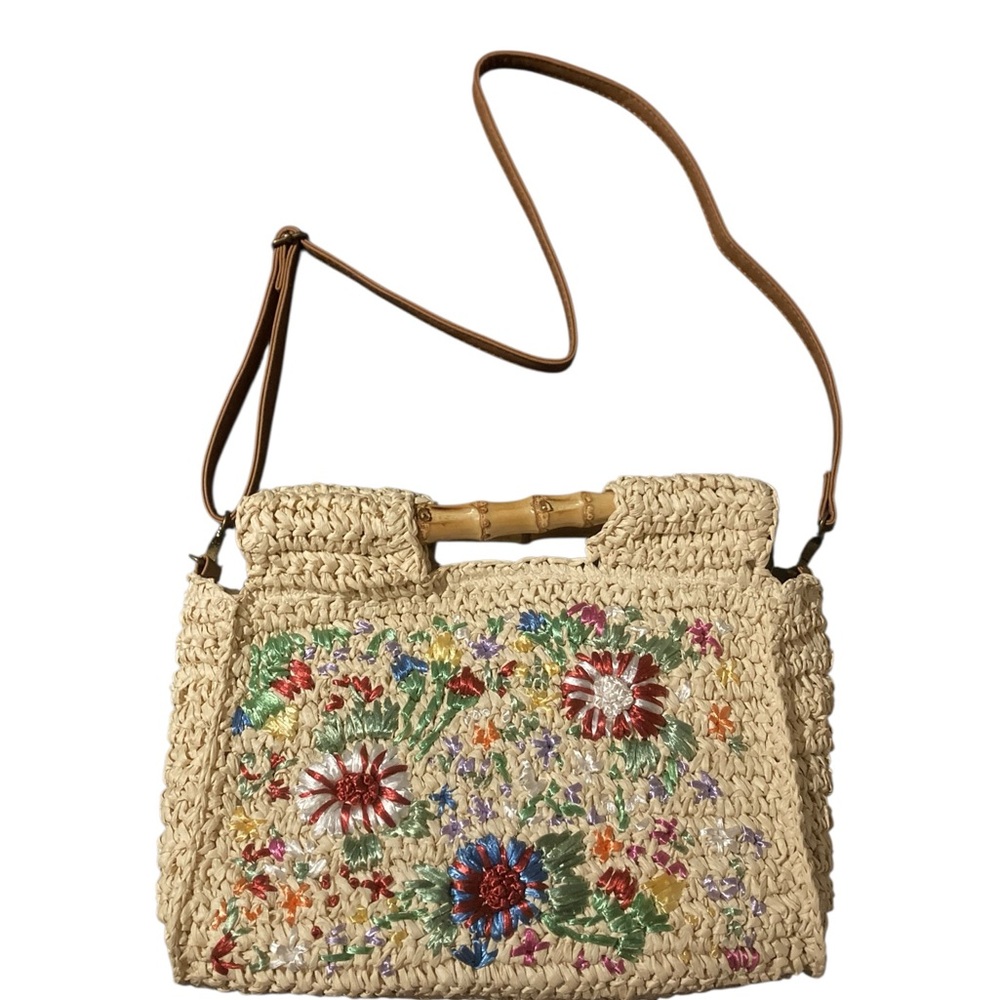Topshop Embroidered Raffia Bag With Bamboo Handle & Detachable Strap. - Picture 2 of 13